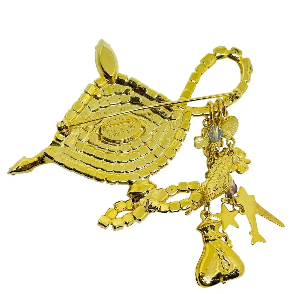 KIRKS FOLLY signed gold tone rhinestone Aladdin lamp designer brooch